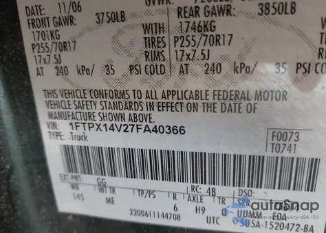 2007 Ford F-150 Fx4/Lariat/Xl/Xlt from USA, damaged, VIN 1FTPX14V27FA40366